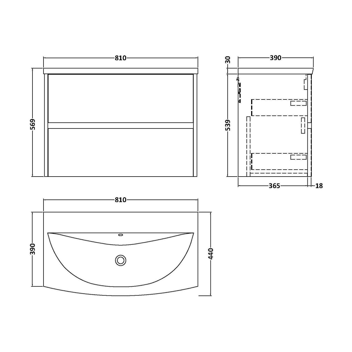 [BFED806G] Chartley Contemporary 2 Drawer Wall Hung Vanity Unit with Curved Basin, Autumn Oak, 800mm - Technical Drawing