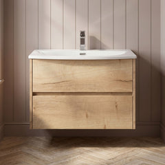 [BFED806G] Chartley Contemporary 2 Drawer Wall Hung Vanity Unit with Curved Basin, Autumn Oak, 800mm - Silo