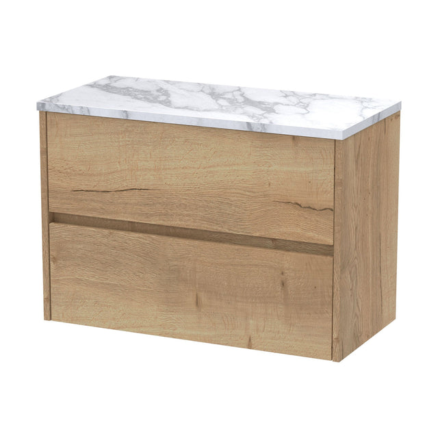 [BFED806LCM] Chartley Contemporary 2 Drawer Wall Hung Vanity Unit with Laminate Worktop, Autumn Oak, 800mm - Cutout