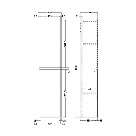 [BFED862] Edge Square Wall Hung 2 Door Tall Bathroom Unit, 350mm - Woodgrain Autumn Oak - Balterley - Technical Drawing