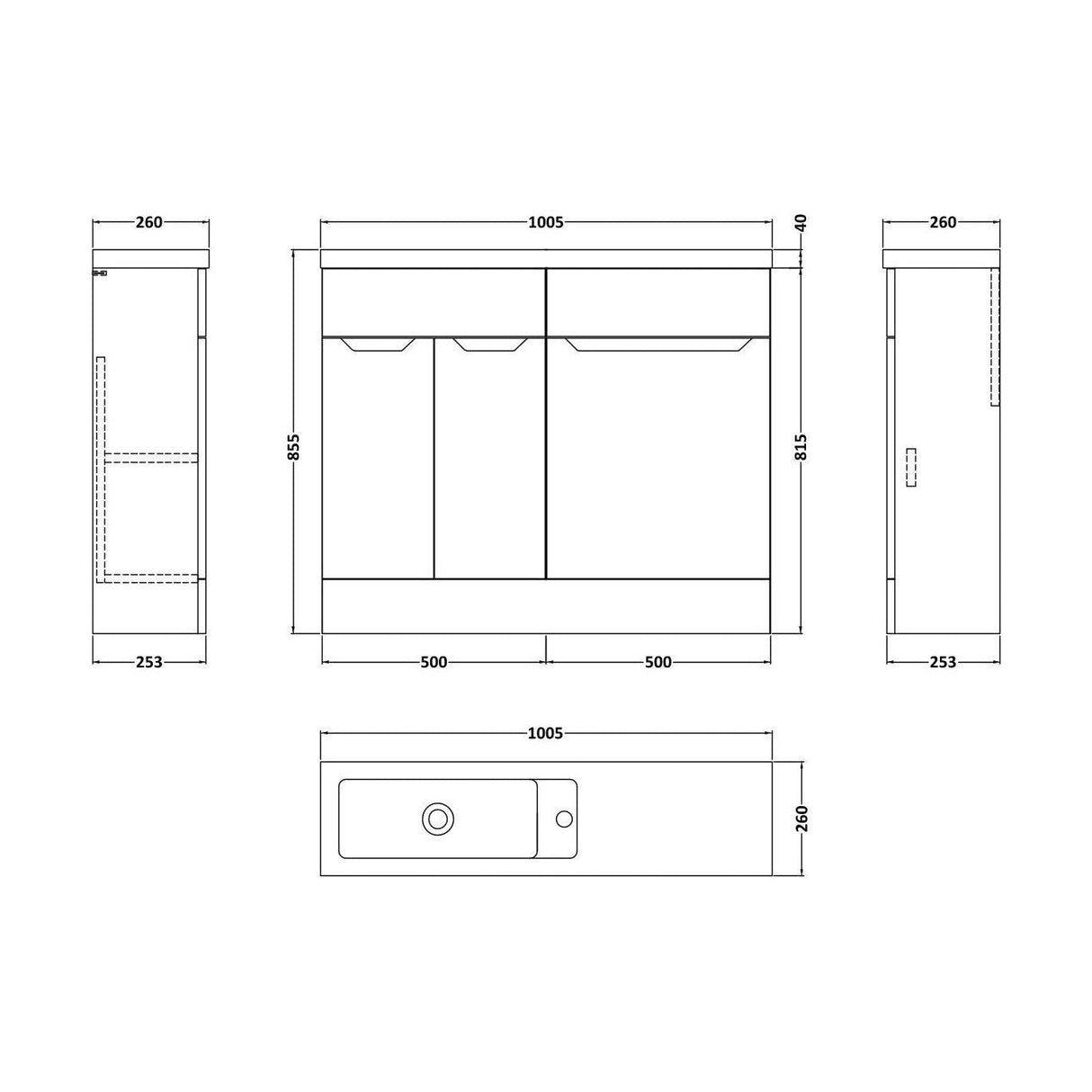[BFFAR101] Teddesley Contemporary Floor Standing Compact 2 Door Combination Vanity Basin WC Unit with Polymarble Basin, 1000mm, Choice of Colour - Technical Drawing