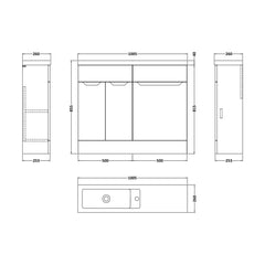 [BFFAR101] Teddesley Contemporary Floor Standing Compact 2 Door Combination Vanity Basin WC Unit with Polymarble Basin, 1000mm, Choice of Colour - Technical Drawing