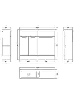 [BFFAR1401] Teddesley Contemporary Floor Standing Compact 2 Door Combination Vanity Basin WC Unit with Polymarble Basin, 1000mm, Choice of Colour - Technical Drawing