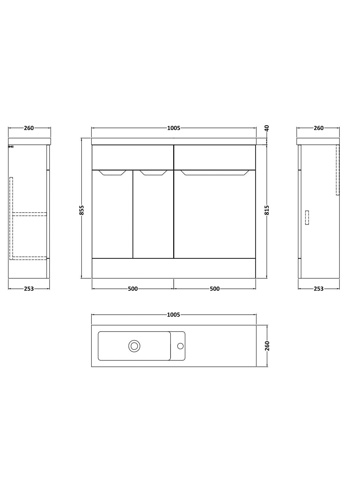 [BFFAR3201] Teddesley Contemporary Floor Standing Compact 2 Door Combination Vanity Basin WC Unit with Polymarble Basin, 1000mm, Choice of Colour - Technical Drawing