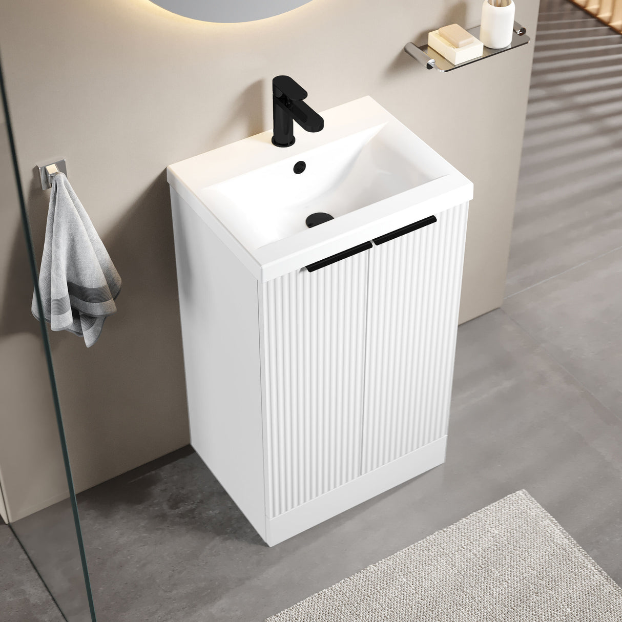 [BFFF123AH224] Tixall Fluted Front Floor Standing Vanity Basin Unit with Choice of Size, Colour and Handle Options - Lifestyle 2