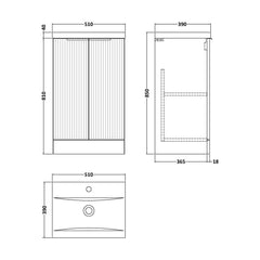 [BFFF123A] Tixall Fluted Front Floor Standing Vanity Basin Unit with Choice of Size, Colour and Handle Options - Technical Drawing