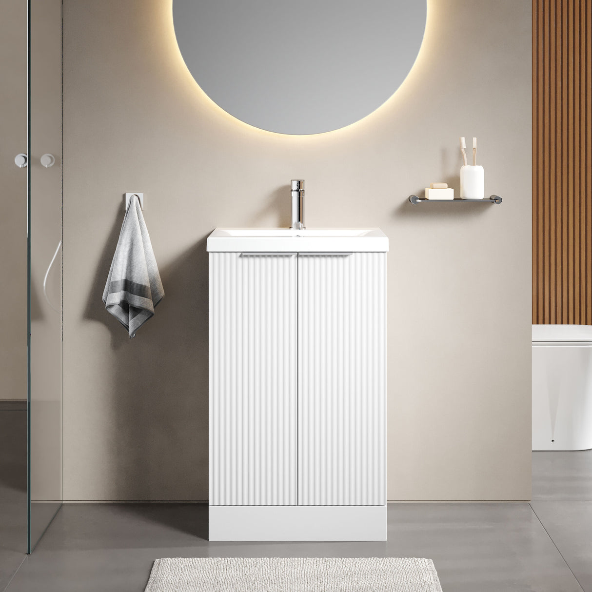 [BFFF123A] Tixall Fluted Front Floor Standing Vanity Basin Unit with Choice of Size, Colour and Handle Options - Lifestyle 1
