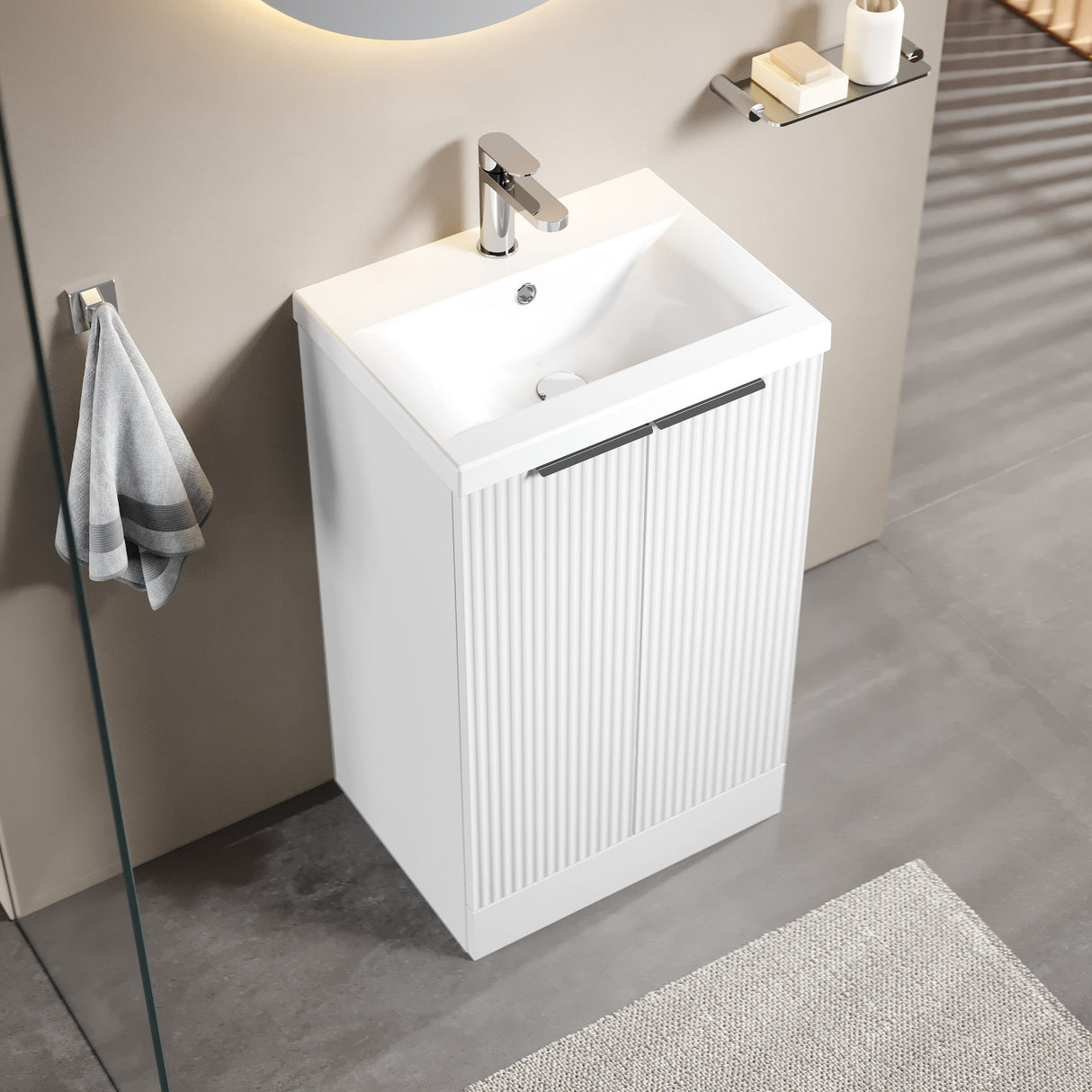 [BFFF123A] Tixall Fluted Front Floor Standing Vanity Basin Unit with Choice of Size, Colour and Handle Options - Lifestyle 2