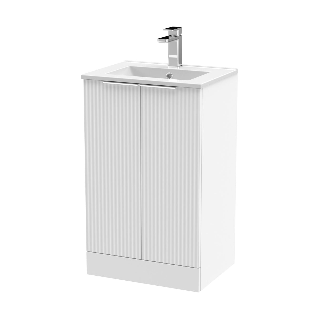 [BFFF123B] Tixall Fluted 2 Door Floor Standing Vanity Unit with Minimalist Basin, Satin White, 500mm - Cutout