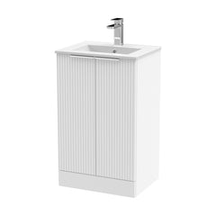 [BFFF123B] Tixall Fluted 2 Door Floor Standing Vanity Unit with Minimalist Basin, Satin White, 500mm - Cutout