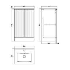 [BFFF123B] Tixall Fluted 2 Door Floor Standing Vanity Unit with Minimalist Basin, Satin White, 500mm - Technical Drawing
