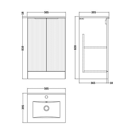 [BFFF123B] Tixall Fluted 2 Door Floor Standing Vanity Unit with Minimalist Basin, Satin White, 500mm - Technical Drawing