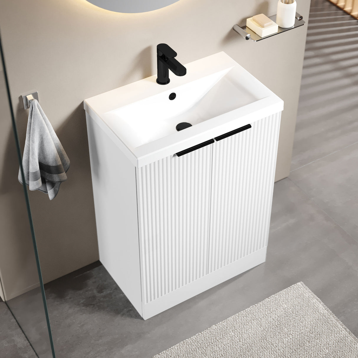 [BFFF125AH224] Tixall Fluted Front Floor Standing Vanity Basin Unit with Choice of Size, Colour and Handle Options - Lifestyle 2