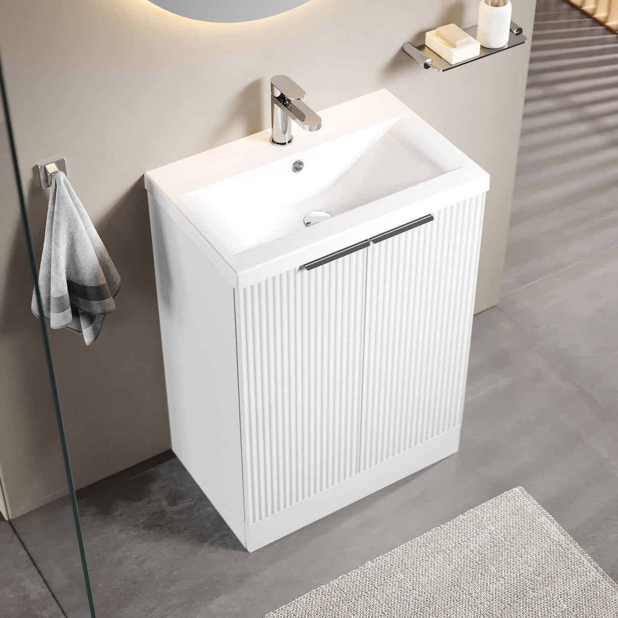 [BFFF125A] Tixall Fluted Front Floor Standing Vanity Basin Unit with Choice of Size, Colour and Handle Options - Lifestyle 2
