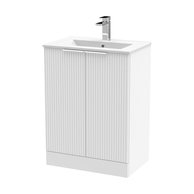 [BFFF125B] Tixall Fluted 2 Door Floor Standing Vanity Unit with Minimalist Basin, Satin White, 600mm - Cutout