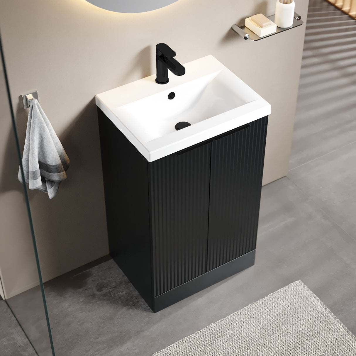 [BFFF1423AH224] Tixall Fluted Front Floor Standing Vanity Basin Unit with Choice of Size, Colour and Handle Options - Lifestyle 2