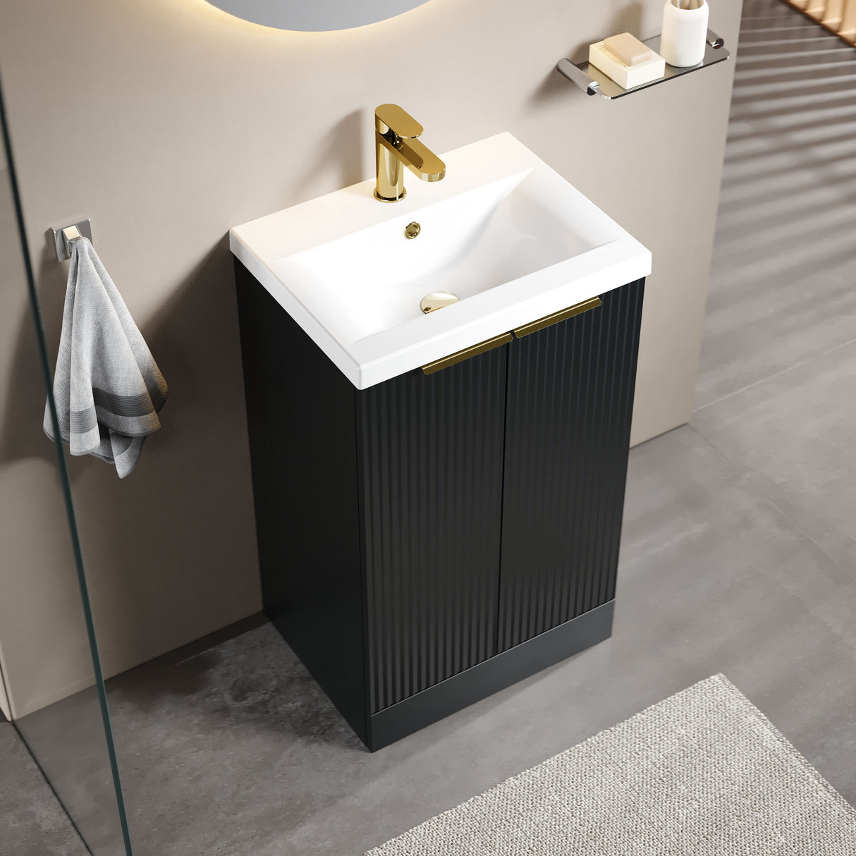 [BFFF1423AH324] Tixall Fluted Front Floor Standing Vanity Basin Unit with Choice of Size, Colour and Handle Options - Lifestyle 2
