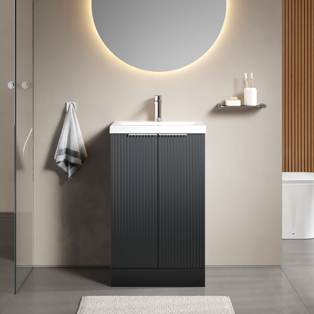 [BFFF1423A] Tixall Fluted Front Floor Standing Vanity Basin Unit with Choice of Size, Colour and Handle Options - Lifestyle 1