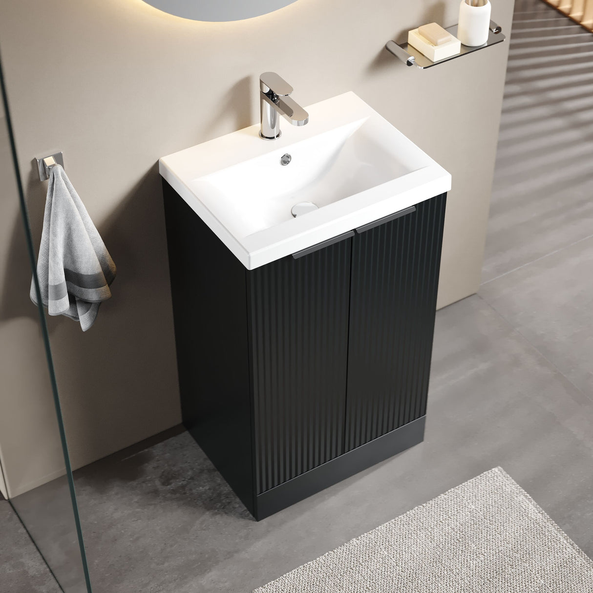 [BFFF1423A] Tixall Fluted Front Floor Standing Vanity Basin Unit with Choice of Size, Colour and Handle Options - Lifestyle 2