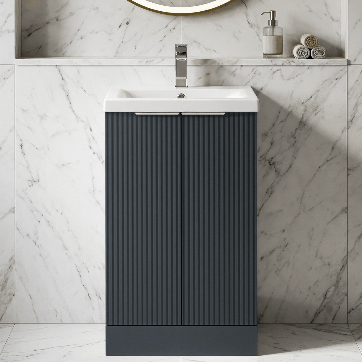 [BFFF1423A] Tixall Fluted Front Floor Standing Vanity Basin Unit with Choice of Size, Colour and Handle Options - Silo