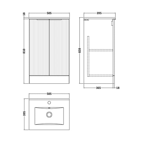 [BFFF1423B] Tixall Fluted 2 Door Floor Standing Vanity Unit with Minimalist Basin, Dark Grey, 500mm - Technical Drawing