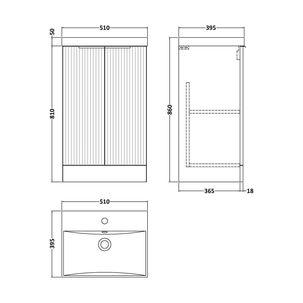 [BFFF1423D] Tixall Floor Standing Vanity Basin Unit with 1 Tap Hole Thin-Edge Ceramic Basin, Choice of Size and Colour - Technical Drawing
