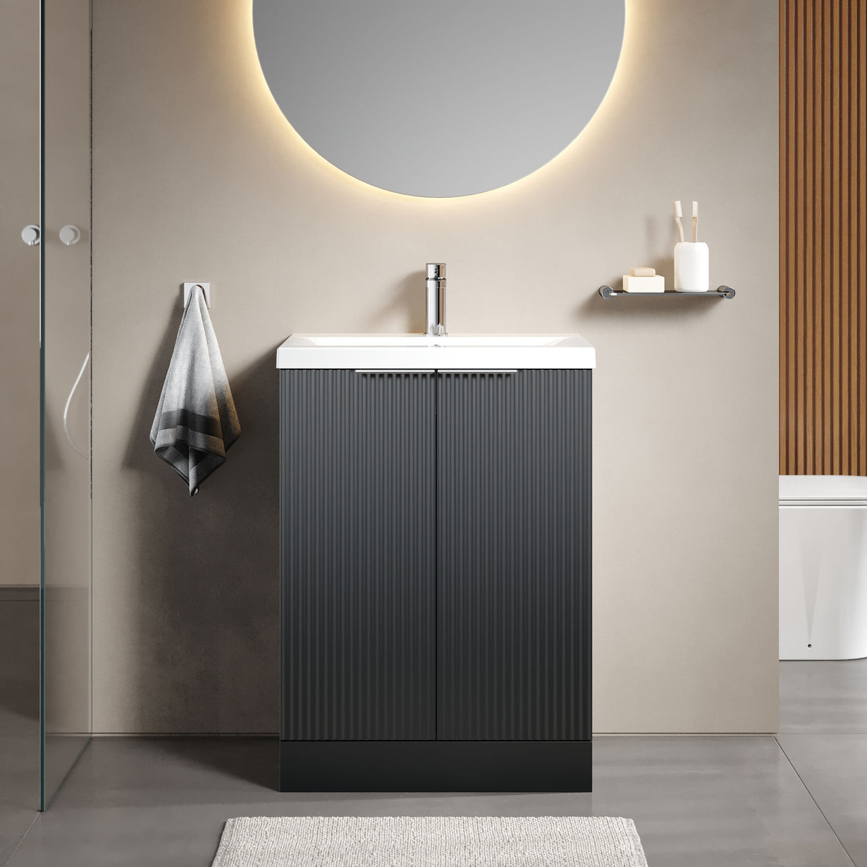 [BFFF1425A] Tixall Fluted Front Floor Standing Vanity Basin Unit with Choice of Size, Colour and Handle Options - Lifestyle 1