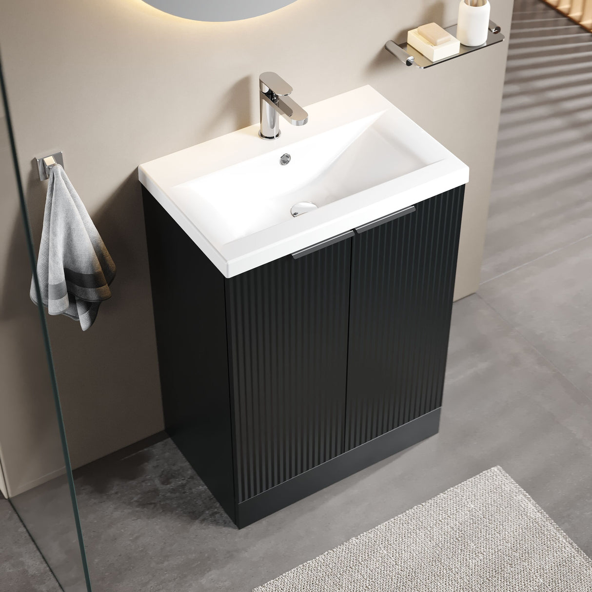 [BFFF1425A] Tixall Fluted Front Floor Standing Vanity Basin Unit with Choice of Size, Colour and Handle Options - Lifestyle 2