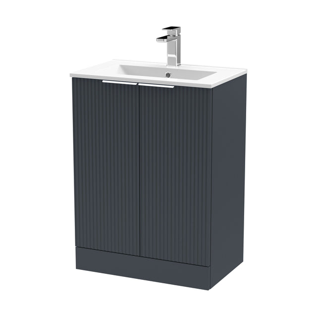 [BFFF1425B] Tixall Fluted 2 Door Floor Standing Vanity Unit with Minimalist Basin, Dark Grey, 600mm - Cutout