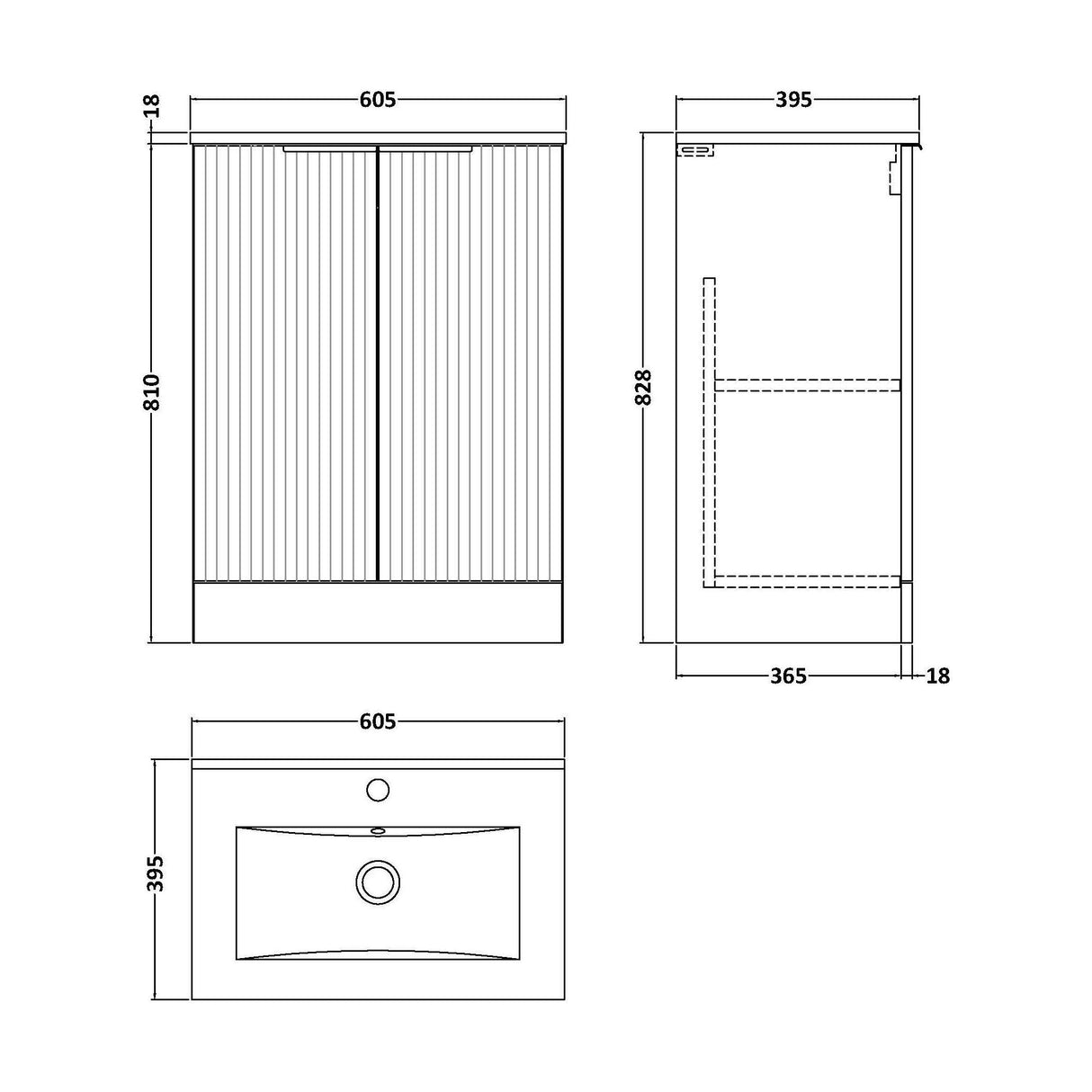 [BFFF1425B] Tixall Floor Standing Vanity Basin Unit with 1 Tap Hole Minimalist Ceramic Basin, Choice of Size and Colour - Technical Drawing