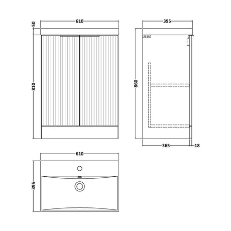 [BFFF1425D] Tixall Fluted 2 Door Floor Standing Vanity Unit with Thin Edge Basin, Dark Grey, 600mm - Technical Drawing