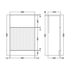 [BFFF1441] Balterley Tixall Fluted Front Floor Standing WC Unit, 500mm, Choice of Colour - Technical Drawing