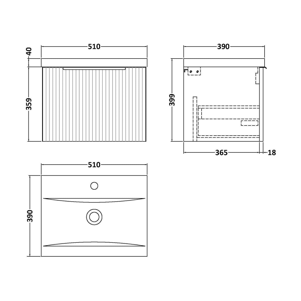 [BFFF1491A] Tixall Fluted Front Wall Hung Vanity Basin Unit with Choice of Size, Colour and Handle Options - Technical Drawing