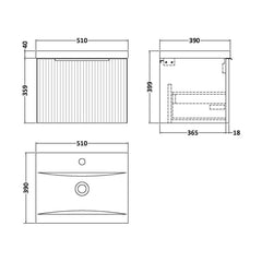[BFFF1491A] Tixall Fluted Front Wall Hung Vanity Basin Unit with Choice of Size, Colour and Handle Options - Technical Drawing