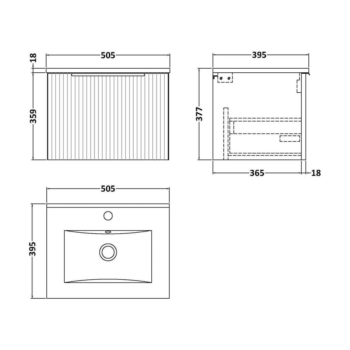 [BFFF1491B] Tixall 1 Drawer Wall Hung Vanity Basin Unit with 1 Tap Hole Minimalist Ceramic Basin, Choice of Size and Colour - Technical Drawing