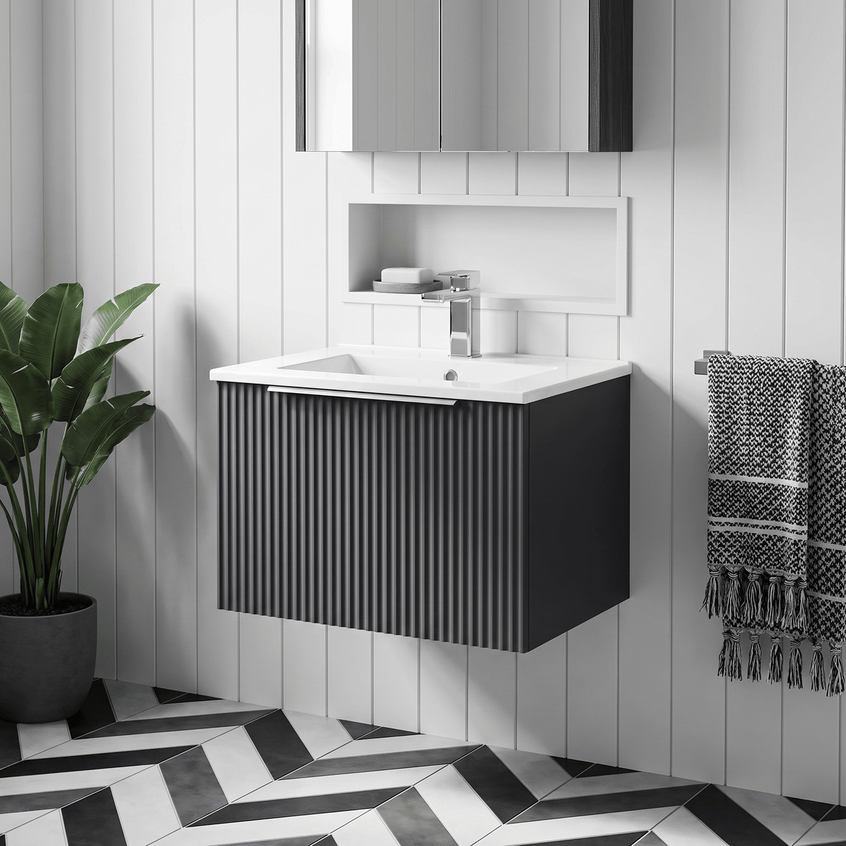 [BFFF1491B] Tixall 1 Drawer Wall Hung Vanity Basin Unit with 1 Tap Hole Minimalist Ceramic Basin, Choice of Size and Colour