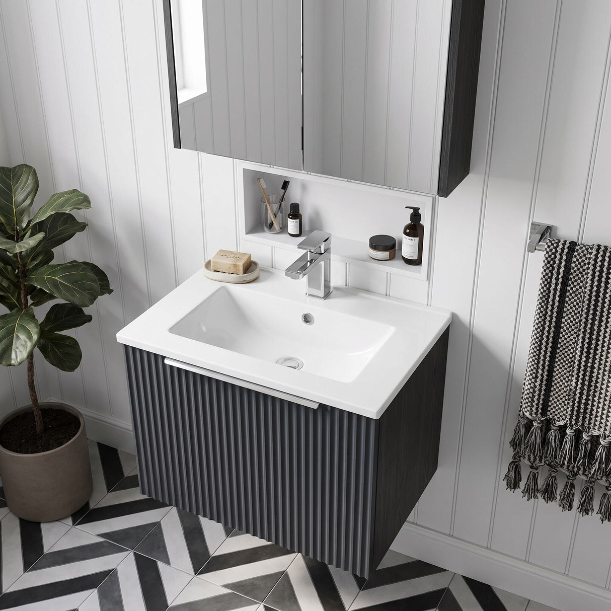 [BFFF1491B] Tixall 1 Drawer Wall Hung Vanity Basin Unit with 1 Tap Hole Minimalist Ceramic Basin, Choice of Size and Colour