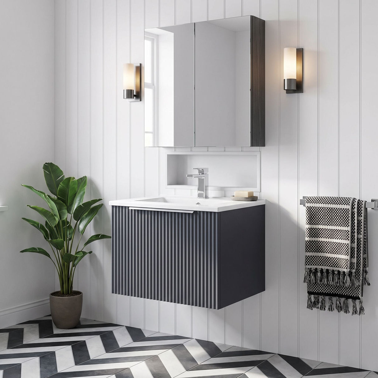 [BFFF1491B] Tixall 1 Drawer Wall Hung Vanity Basin Unit with 1 Tap Hole Minimalist Ceramic Basin, Choice of Size and Colour