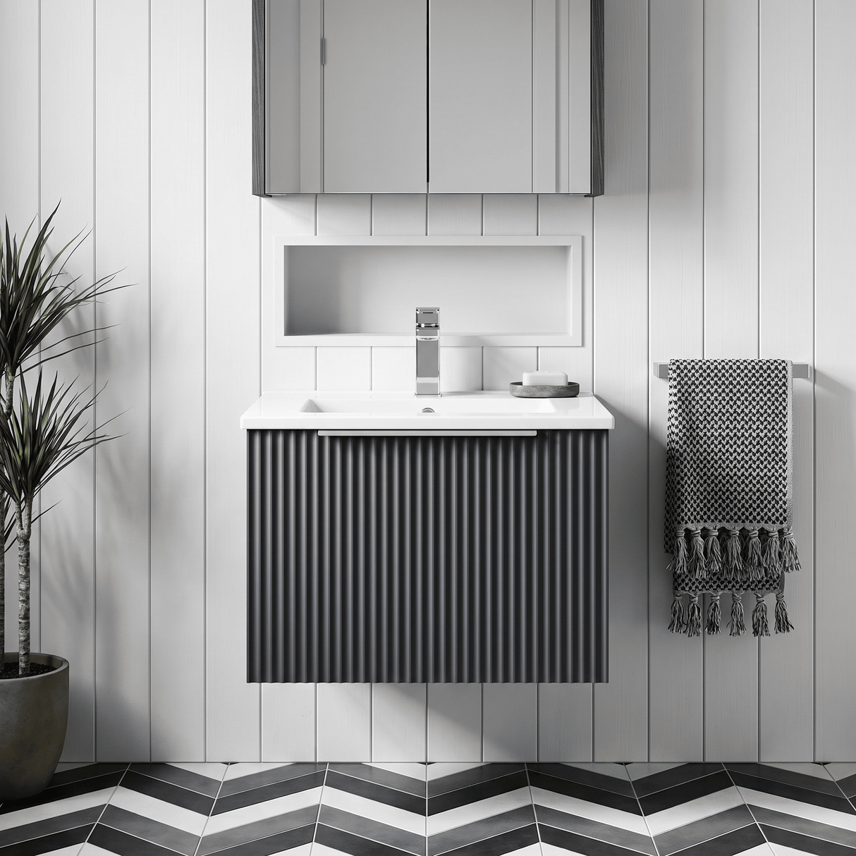 [BFFF1491B] Tixall 1 Drawer Wall Hung Vanity Basin Unit with 1 Tap Hole Minimalist Ceramic Basin, Choice of Size and Colour - Silo