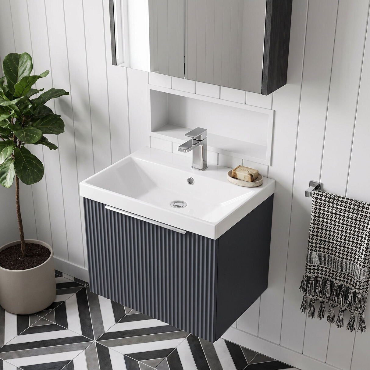 [BFFF1491D] Tixall 1 Drawer Wall Hung Vanity Basin Unit with 1 Tap Hole Thin-Edge Ceramic Basin, Choice of Size and Colour