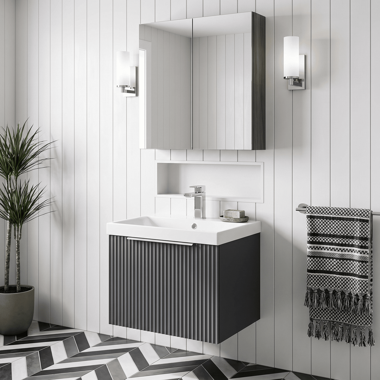 [BFFF1491D] Tixall 1 Drawer Wall Hung Vanity Basin Unit with 1 Tap Hole Thin-Edge Ceramic Basin, Choice of Size and Colour