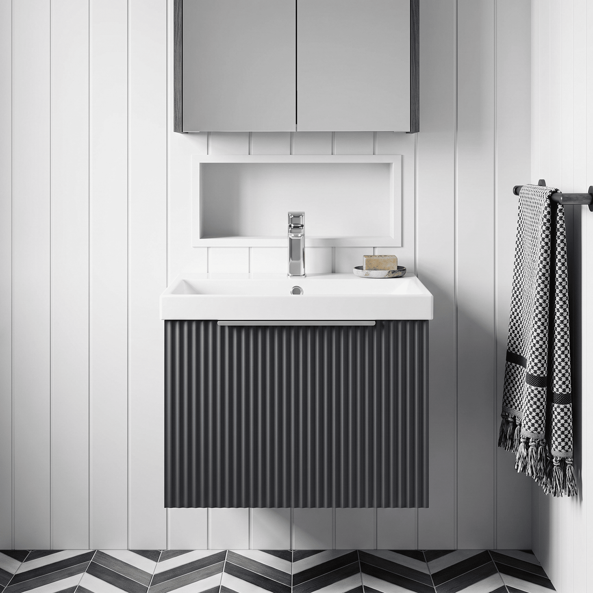 [BFFF1491D] Tixall 1 Drawer Wall Hung Vanity Basin Unit with 1 Tap Hole Thin-Edge Ceramic Basin, Choice of Size and Colour - Silo