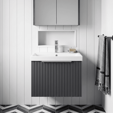 [BFFF1491D] Tixall 1 Drawer Wall Hung Vanity Basin Unit with 1 Tap Hole Thin-Edge Ceramic Basin, Choice of Size and Colour - Silo