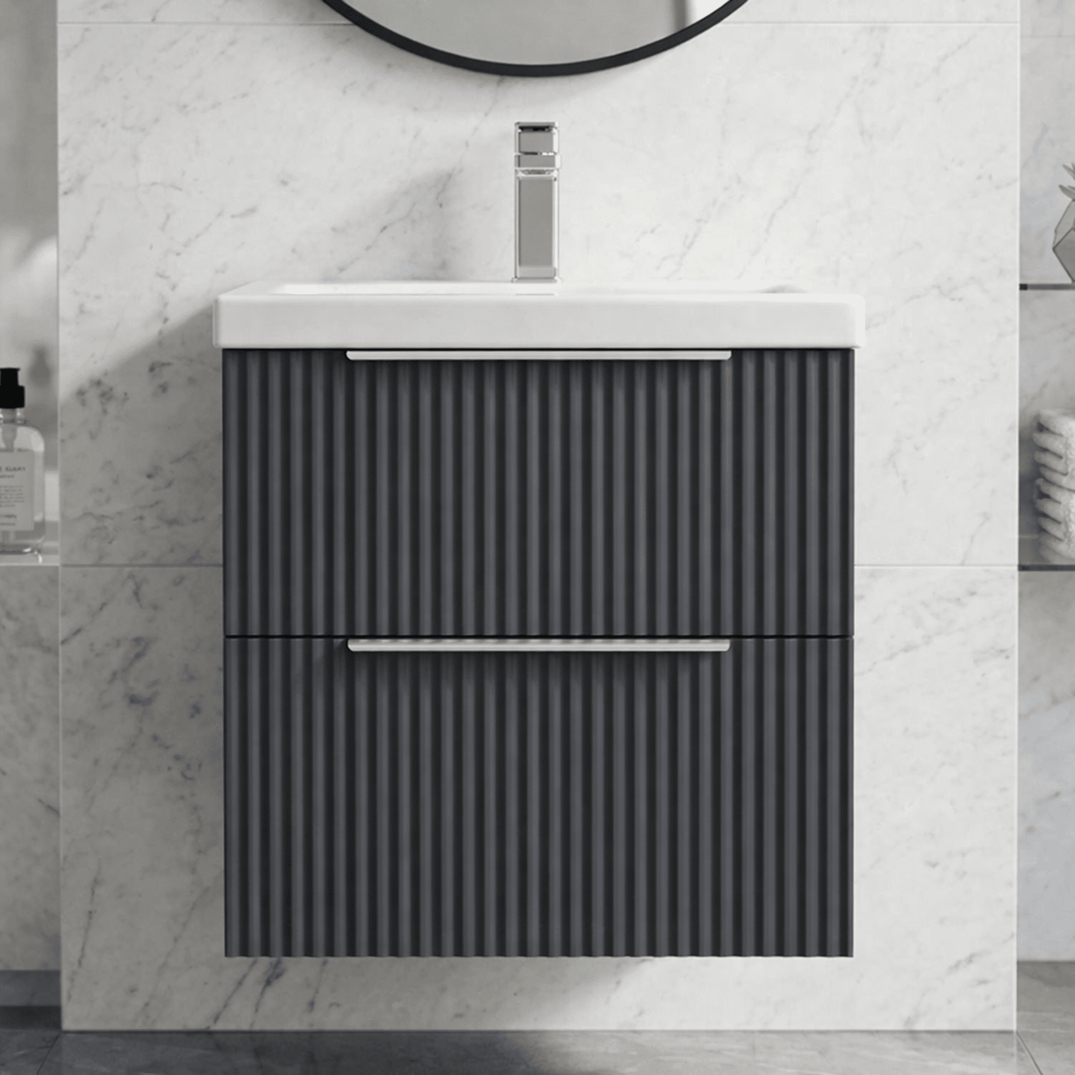 [BFFF1492A] Tixall Fluted Front Wall Hung Vanity Basin Unit with Choice of Size, Colour and Handle Options - Silo