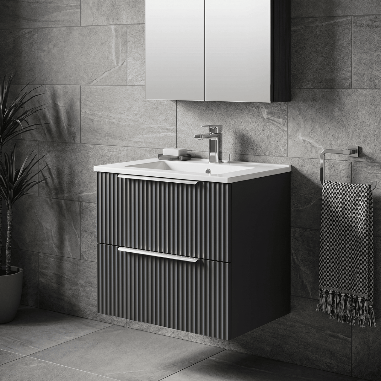 [BFFF1492B] Tixall Fluted 2 Drawer Wall Hung Vanity Unit with Minimalist Basin - Choice of Size and Colour