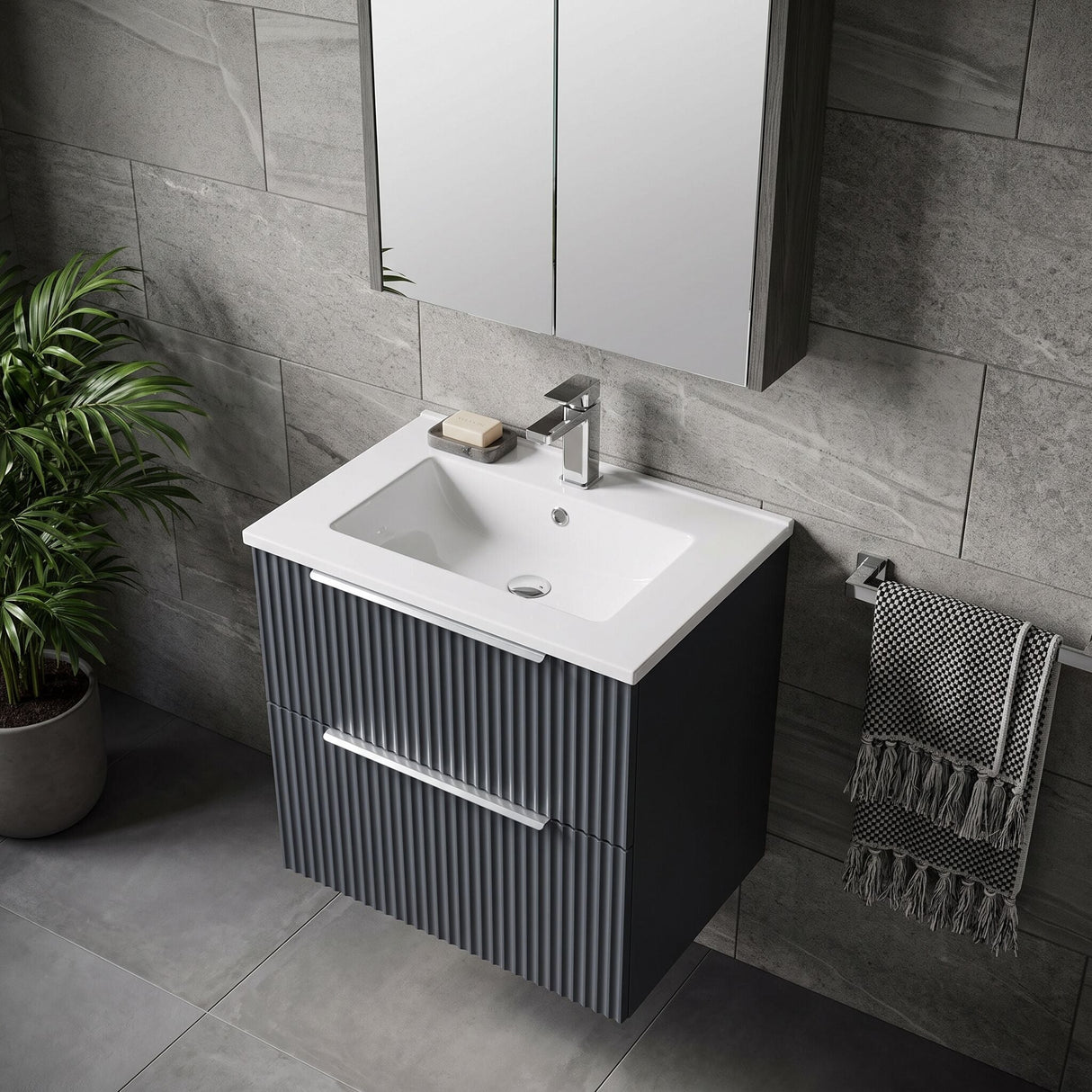 [BFFF1492B] Tixall Fluted 2 Drawer Wall Hung Vanity Unit with Minimalist Basin - Choice of Size and Colour