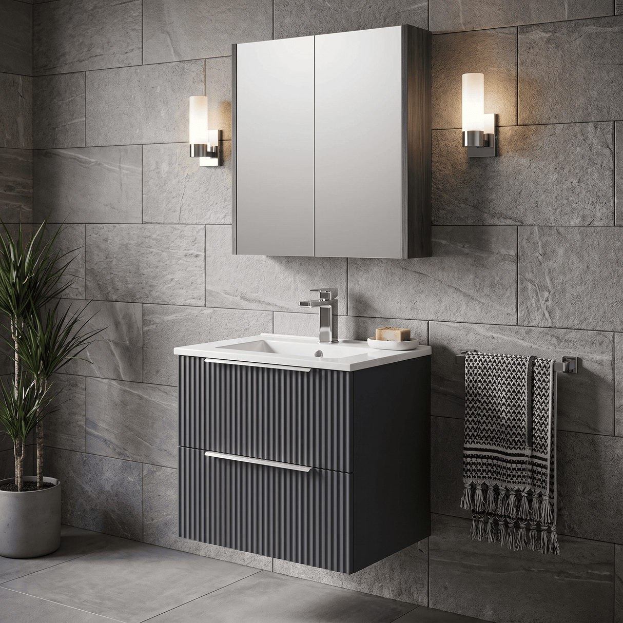[BFFF1492B] Tixall Fluted 2 Drawer Wall Hung Vanity Unit with Minimalist Basin - Choice of Size and Colour
