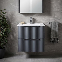 [BFFF1492B] Tixall Fluted 2 Drawer Wall Hung Vanity Unit with Minimalist Basin - Choice of Size and Colour - Silo