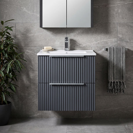 [BFFF1492B] Tixall Fluted 2 Drawer Wall Hung Vanity Unit with Minimalist Basin - Choice of Size and Colour - Silo