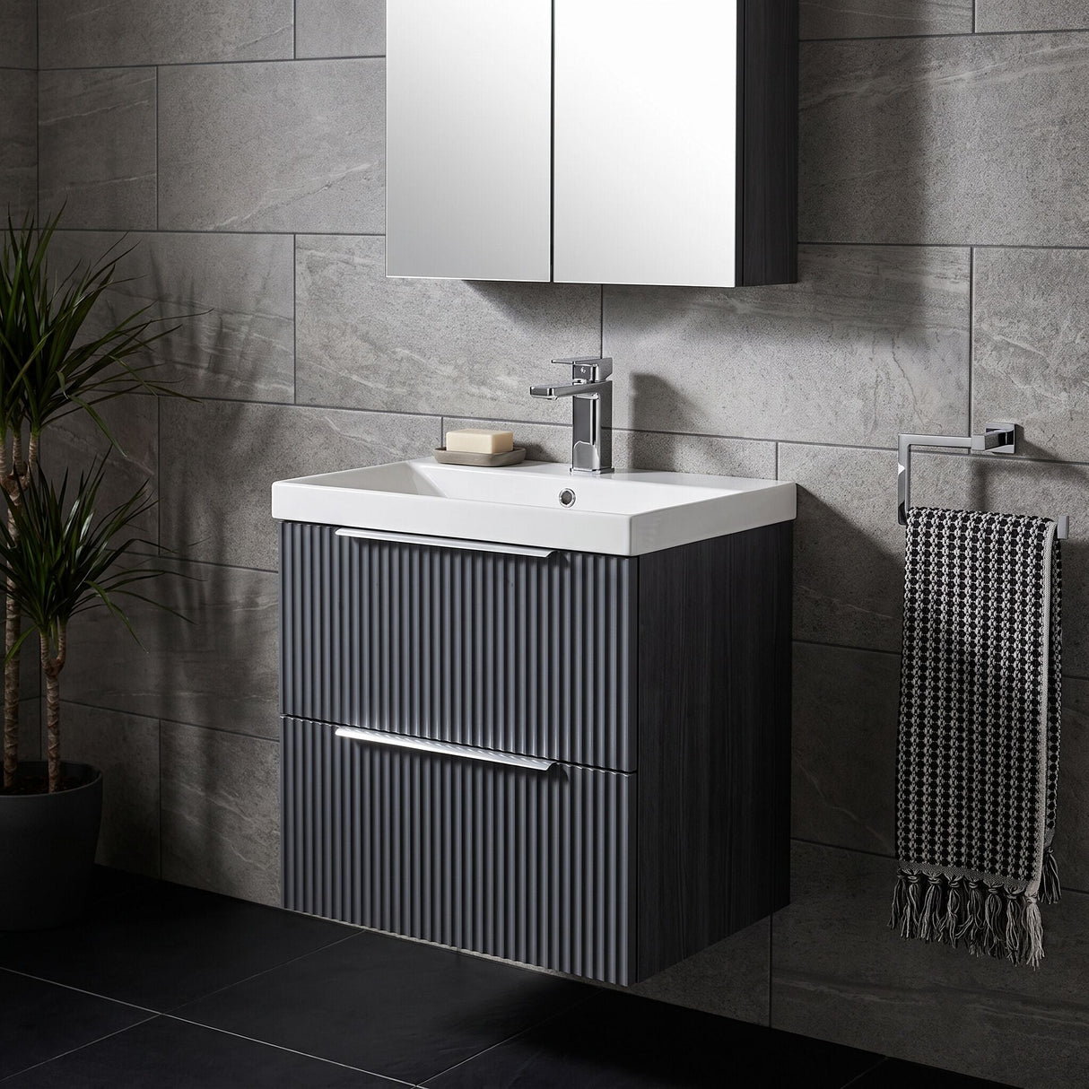 [BFFF1492D] Tixall Fluted 2 Drawer Wall Hung Vanity Unit with Thin Edge Basin - Choice of Size and Colour
